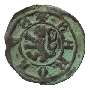 Karel IV. 1346-1378, Česká Falc, fenik Nechanický A/1/1, lev s opisem KAROLVS, jednostranně vyražený, mincovna Lauf, patina 0,362g RR