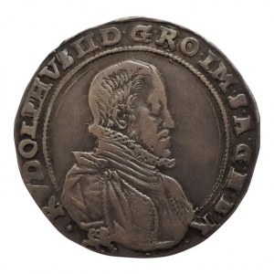 Rudolf II. 1576-1611, 1/2 tolar 1590 Kutná Hora-Šatný, MKČ 370, 14,263g, dva staré tuší psané podložní štítky, mince zakoupena v aukci br.Eggerů