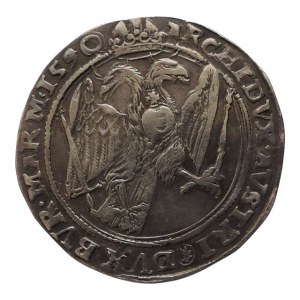 Rudolf II. 1576-1611, 1/2 tolar 1590 Kutná Hora-Šatný, MKČ 370, 14,263g, dva staré tuší psané podložní štítky, mince zakoupena v aukci br.Eggerů