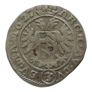 Ferdinand II. 1619-1637, 3 krejcar 1627 Praha-Hübmer, MKČ 759v, D:G.R.I (zn) S.A….., nad hlavou dvojtečka