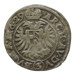 Ferdinand II. 1619-1637, 3 krejcar 1629 Praha-Hübmer, MKČ 760v, nad hlavou dvojtečka