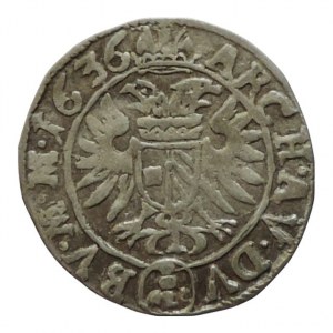 Ferdinand II. 1619-1637, 3 krejcar 1636 Praha-Schuster, MKČ 763