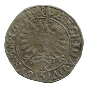 Ferdinand II. 1619-1637, 3 krejcar 1631 Kutná Hora-Hölzl, MKČ 810v, nad hlavou tečka a květ, opis D.G.R (zn) I.S.A …