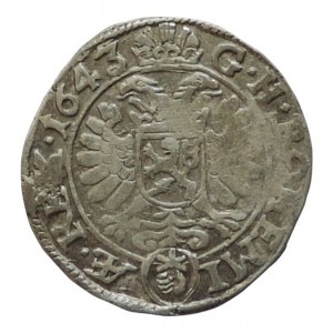 Ferdinand III. 1637-1657, 3 krejcar 1643 Praha-Wolker, MKČ 1181, dr.ned.