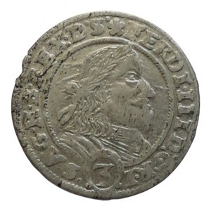 Ferdinand III. 1637-1657, 3 krejcar 1656 b.zn. Vratislav-Hübner, MKČ 1295v, nad hlavou pětilistý květ, dr.ned. R