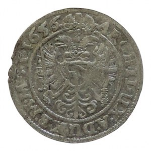 Ferdinand III. 1637-1657, 3 krejcar 1656 b.zn. Vratislav-Hübner, MKČ 1295v, nad hlavou pětilistý květ, dr.ned. R