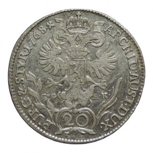 Marie Terezie 1740-1780, 20 krejcar 1768 CvG-AK Graz-Carl von Geramb, mělká ražba RRR