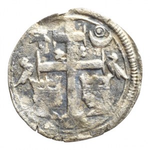 Karel Robert z Anjou 1307-1342, denár Huszár 455, dvojitý kříž, po straně hvězda, kruh v půlměsíci, dvě lilie, dva ptáci a dvě korunované hlavy