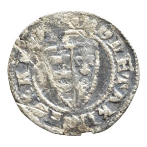 Karel Robert z Anjou 1307-1342, denár Huszár 455, dvojitý kříž, po straně hvězda, kruh v půlměsíci, dvě lilie, dva ptáci a dvě korunované hlavy