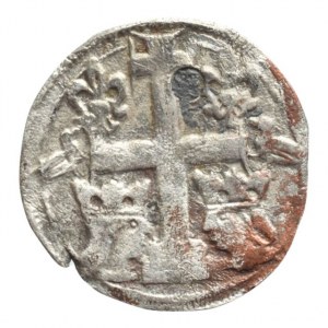 Karel Robert z Anjou 1307-1342, denár Huszár 459, Dvojitý kříž: 2 lilie z Anjou, dole dvě korunované hlavy obrácené, zapr.dírka