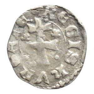 Ludvík z Anjou 1342-1382, denár Huszár 547, hlava Saracéna, kříž s kuličkami a pětilisté květy po stranách