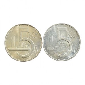 ČSR 1918-1939, 5 Kč 1928, obě varianty vlnovek, 2 ks