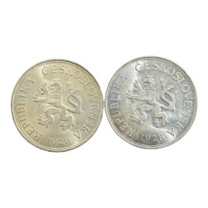 ČSR 1918-1939, 5 Kč 1928, obě varianty vlnovek, 2 ks
