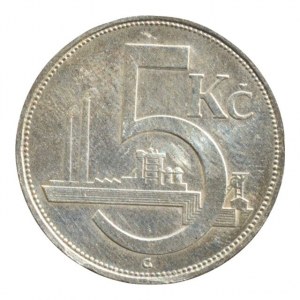 ČSR 1918-1939, 5 Kč 1928, var.B, velká vlnovka