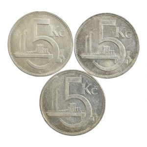 ČSR 1918-1939, 5 Kč 1928, 1929, 1930, 3 ks