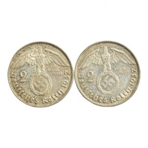 NĚMECKO III. ŘÍŠE, 2 Marka 1937 A, 1937 E Hindenburg, svastika, 2ks