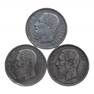 Belgie, Leopold II. 1865-1909, 5 frank 1869, 1870, 1873, škr., hr., 3 ks