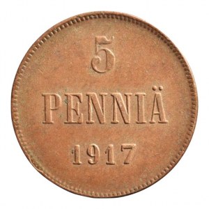 Finsko pod Ruskem, Mikuláš II. 1894 - 1917, 5 pennia 1917, korunovaný monogram, KM# 15