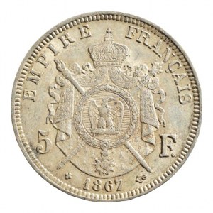 Francie, Napoleon III. 1852 - 1871, 5 Frank 1867 BB, Strasbourgh, KM.799.2, dr.rysky