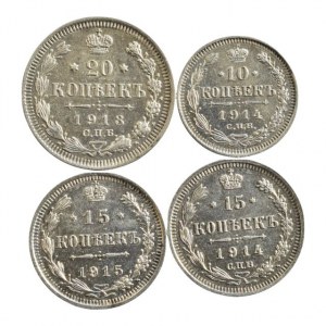 Rusko, Mikuláš II. 1894-1917, 20 kop. 1913, 15 kop. 1914, 1915, 10 kop. 1914, 4 ks