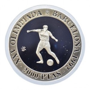 Španělsko, 2000 Pesetas 1990 - Juan Carlos, letní olympijské hry 1992 v Barceloně - fotbal, KM # 862, Ag925, 27g, kapsle