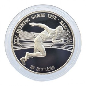 Cookovy ostrovy, 10 dolar 1990, olympijské hry 1992 v Barceloně - běžec, KM # 79, Ag925, 10g, kapsle