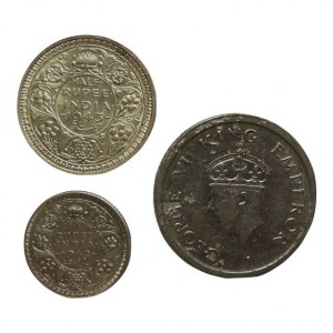 Indie, Jiří VI. 1936-1952, 1 rupie 1947 (2/2) + 1/2 rupie 1945 Ag (0/0) + 1/4 rupie 1942 Ag (0/0), 3ks
