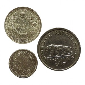 Indie, Jiří VI. 1936-1952, 1 rupie 1947 (2/2) + 1/2 rupie 1945 Ag (0/0) + 1/4 rupie 1942 Ag (0/0), 3ks