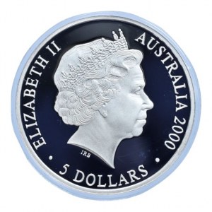 Austrálie, 5 dolar 2000 OH Sydney - Kookaburra, Ag999, 31.635g, kapsle