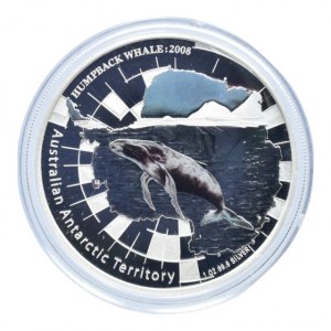 Austrálie, 1 dolar 2008 Australian Antarctic Territory - Humpback whale, Ag999, 31.135g, kapsle, cert., orig.etue