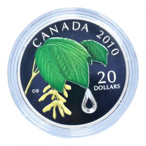 Kanada, 20 dolar 2010 Leaf Crystal Raindrop, stříbrná barevná mince, Ag999, 31.39g, kapsle, cert., orig.etue