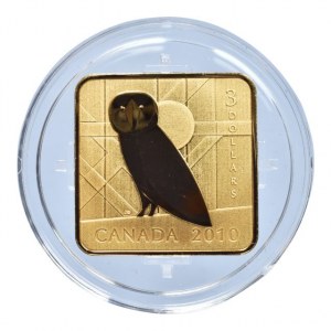 Kanada, 3 dolar 2010 Barn owl, čtevrcová stříbrná pozlacená mince, Ag 925, 11.71g, kapsle, cert., orig.etue