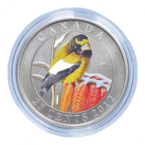 Kanada, 25 cent 2012 Evening Grosbeak, barevná mince, kapsle, cert., orig.etue