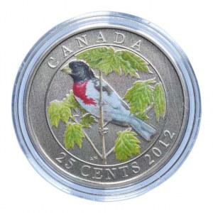 Kanada, 25 cent 2012 Rose-breasted Grosbeak, barevná mince, kapsle, cert., orig.etue