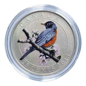 Kanada, 25 cent 2013 American Robin, barevná mince, kapsle, cert., orig.etue