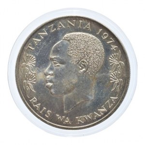 Tanzanie, 20 shilling 1974, tři žirafy, Ag500, 25,4g