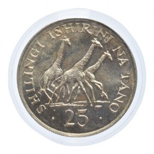 Tanzanie, 20 shilling 1974, tři žirafy, Ag500, 25,4g
