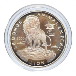 Togo, 1000 francs 2000, Řada ohrožených druhů - Lev, Ag999, 14.9g, patina, kapsle