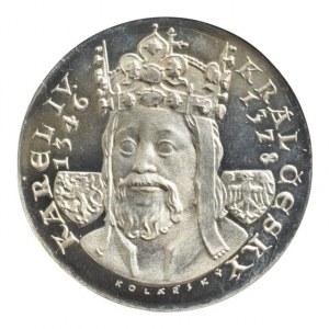 Kolářský Zdeněk, 1931 - Karel IV. - 600 let úmrtí 1978 - korunované poprsí, znaky, opis / panovník klečí před sv. Václavem, Karolinum, opisy, Sign., Punc., Ag900, 38mm, 24.42g, kapsle