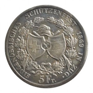 Švýcarsko, 5 Fr. 1869 Zug, střelecký, kopie