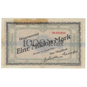 Wrocław (Breslau), 1 milion marek 1923, przedruk na banknocie 100 marek 1922