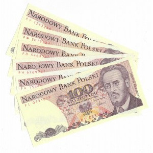 100 złotych 1986, zestaw 6 sztuk - serie PL,PA,PH,PD,PW,PY