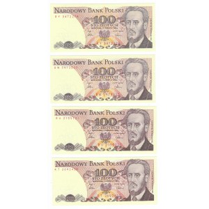 100 złotych 1986, zestaw 4 sztuki - serie RU,RW,RY,RT