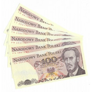 100 złotych 1988, zestaw 6 sztuk - serie NM,PM,PN,TM,TT,TD