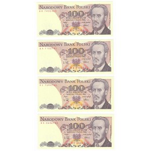 100 złotych 1988, zestaw 4 sztuki - serie RM,RA,RE,RK