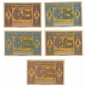 Gryfów (Greiffenberg), zestaw 5 sztuk - 5 marek, 3 marki, 1 marka, 60 fenigów, 30 fenigów