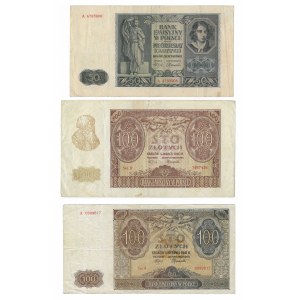 50 złotych 1941 (seria A), 100 złotych 1940 (seria D), 100 złotych 1941 (seria A) - zestaw 3 sztuki