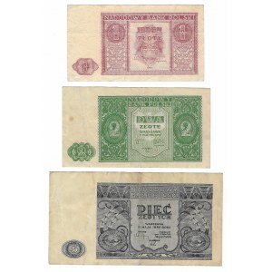 1 złoty, 2 złote, 5 złotych 1946 - zestaw 3 sztuki