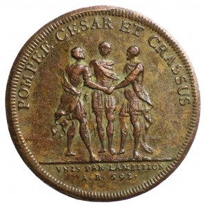 Medaila z roku 1740, medaila s vyobrazením prvého triumvirátu: Pompeius, Caesar a Crassus
