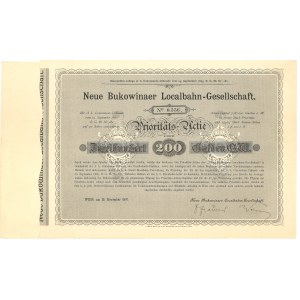 Ukraine, Neue Bukowinaer Localbahn-Gesellschaft, 25 common shares 200 guilders 1897